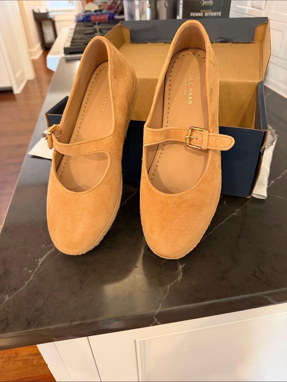 Cole Haan Tan Suede Mary Jane Flats with Gold Buckle